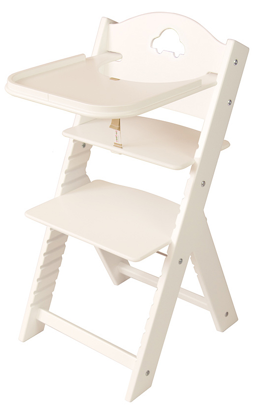 Dětská dřevěná jídelní židlička bílá s autíčkem, bílé bočnice - chytrá židle Sedees