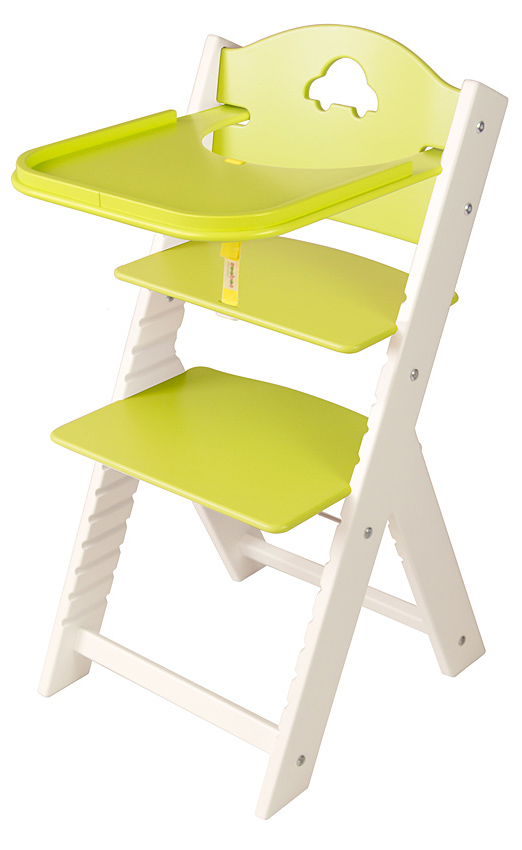 Dětská dřevěná jídelní židlička zelená s autíčkem, bílé bočnice - chytrá židle Sedees