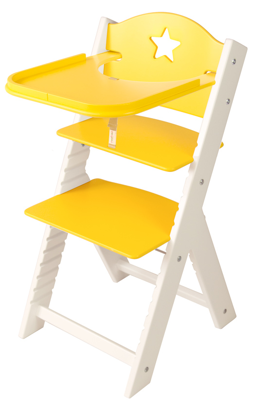 Dětská dřevěná jídelní židlička žlutá s hvězdičkou, bílé bočnice - chytrá židle Sedees