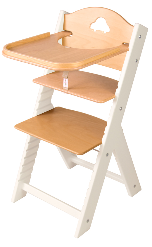 Dětská dřevěná jídelní židlička přírodní s autíčkem, bílé bočnice - chytrá židle Sedees Inverse